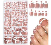 BelleFlair 150 Pcs Press on Toe Nails, Short Square Fake Toenails, White French Tip False Toe Nails, False Toenails Full Cover Stick on Tips 15 Sizes for Women(Berry Pink Base)