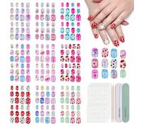 BelleFlair 216Pcs Press on Nails, Short Fake Nail, Cute Stick on Nails with Adhesive Tabs, 9 Styles Flower Strawberry Designs, Artificial Manicure Nail Set