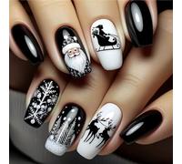 BelleFlair 24 Pcs Christmas Press on Nails Long Coffin, Glossy Black Xmas Fake Nails with Santa Snowflake Elk Design, Full Cover Stick on Nail for Women for DIY Nail Art.
