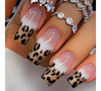 BelleFlair 24 Pcs Leopard Press on Nails Almond, Gold Glitter Fake Nails with Design, Nude Gradient Handmade Nail Press Ons French Tip Stick on Nail for Women