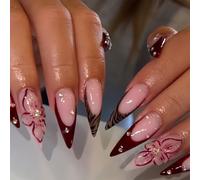 BelleFlair 24 Pcs Press on Nails Almond, Luxury Handmade 3D Fake Nail with Rhinestones Flower Design, Glitter Stick on Nails for Women, Nail Press Ons