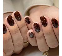 BelleFlair 24 Pcs Short Press on Nails, Dark Brown Polka Dot Press Ons, Glossy Oval Stick on Nail Art, Cute Almond Gel Fake Nails Manicure Designs for Women