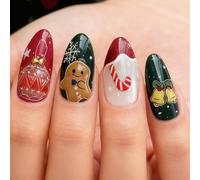 BelleFlair 24Pcs Christmas Press on Nails Medium Almond, Xmas Fake Nails with Gingerbread Snowflake Santa Claus Designs, Winter Snowman Stick on Nail for Women Acrylic