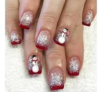 BelleFlair 24PCS Christmas Press on Nails Short, Xmas Glitter Fake Nails with Cute Snowmen Design, Square False Stick on Nail Red French Tips for Women.