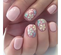 BelleFlair 24Pcs Pink Press on Nails for Kids and Girls, Spring Summer Short Square Fake Nail Kit, Colorful Flower Design, Glossy Stick on Nail Manicure, Cute Full Cover Tips for Kids Adults