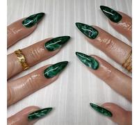 BelleFlair 24Pcs Press on Nails Almond, Dark Green Marble Fake Nails, Glossy Medium Length Acrylic False Nails, Full Cover Reusable Glue on Nail Stick on Nail for Women's Manicure