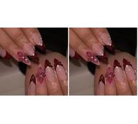 BelleFlair 24Pcs Red French Tip Press On Nails Almond Medium with 3D Flowers, Glossy Full Cover Acrylic Fake Nail, Stick on Tips for Women Manicure (Pack of 2)