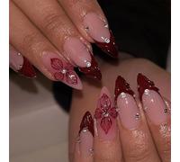 BelleFlair 24Pcs Red French Tip Press On Nails Almond Medium with 3D Flowers, Glossy Full Cover Acrylic Fake Nail, Stick on Tips for Women Manicure