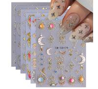 BelleFlair 6 Sheets 5D Gold Nail Stickers, Bohemian Sun Moon Nails Decals, Self Adhesive Gothic Star Nail Art Stickers for Women, Metallic Nails Decorations Accessories