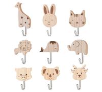 BelleFlair 9 Pack Kids Coat Hooks, Wooden Animal Wall Hooks, Self Adhesive Decorative Hook for Hanging, Cute Cartoon Wall Hook for Toddler, Kids Room Decor