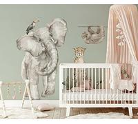 BelleImpression - Safari Animals Giant Elephant Wall Decal Set Removeable Watercolour Stickers (95cm W x 155cm H). Perfect for Nursery or Bedroom Decoration. Suitable for Kids, Toddler or Children.