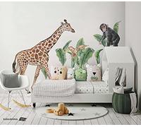 BelleImpression - Safari Animals Giraffe, Monkey & Parrot Wall Decal Set (105cm W x 165cm H) Watercolour Stickers Perfect for Nursery or Bedroom Decoration. Suitable for Kids, Toddler or Children.