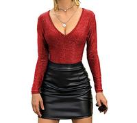 BelleLovin Womens Long Sleeve Bodysuit Solid Color Sexy V neck Slim Elastic Glitter Body suits tops Clubwear, Red, XL