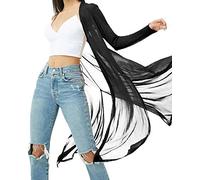 BelleLovin Women's Sexy See Through Sheer Mesh Longline Silhouette Open Front Long Sleeves Side Slits Cardigan - Black - Small