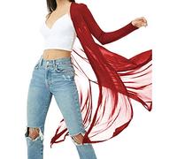 BelleLovin Womens Sexy Sheer Long Sleeve Cardigan See Through Mesh Cover Up, Red, Large
