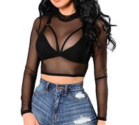 BelleLovin Women's Sheer Mesh Long Sleeve Crop Top Sexy Tee Blouse, Mock Neck - Black, S