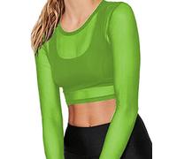 BelleLovin Women's Sheer Mesh Long Sleeve Crop Top Sexy Tee Blouse, Neon Green, Small