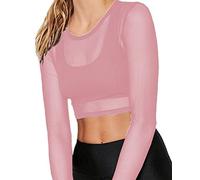 BelleLovin Women's Sheer Mesh Long Sleeve Crop Top Sexy Tee Blouse, Pink, XL