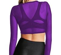 BelleLovin Women's Sheer Mesh Long Sleeve Crop Top Sexy Tee Blouse, Purple, XL