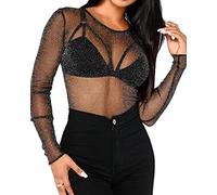 BelleLovin Women's Sheer Mesh Tops Long Sleeve Glitter Sexy Tops See Through Blouses, 1 - Black, M