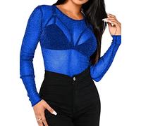 Bellelovin Women's Sheer Mesh Tops Long Sleeve Glitter Sexy Tops See Through Blouses, Blue, Large