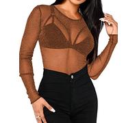 BelleLovin Women's Sheer Mesh Tops Long Sleeve Glitter Sexy Tops See Through Blouses, Brown, XL