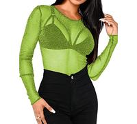 BelleLovin Women's Sheer Mesh Tops Long Sleeve Glitter Sexy Tops See Through Blouses, Neon Green, L