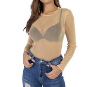 Bellelovin Women's Sheer Mesh Tops Long Sleeve Glitter Sexy Tops See Through Blouses, Nude, Small