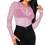 BelleLovin Women's Sheer Mesh Tops Long Sleeve Glitter Sexy Tops See Through Blouses, Pink, S