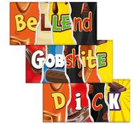 Bellend + Gobshite + Dick. Mixed Triple Pack - 3x Funny Chocolate Bar Wrappers. Choc Bar Covers Rude Joke Prank Insult Gift Fun Friend Present. Pack of 3. (Chocolate Not Included)