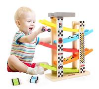Belleur Montessori Toy for 1-3 Years Old Boys and Girls, Kid Race Track Car for Toddlers with 5 Mini Cars & 5 Ramps, Wooden Montessori Car Ramp Toy Set for Babies' Birthday Gifts, Visit Gifts