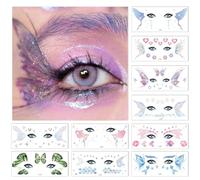 BelleVive 10 Sheets Glitter Fairy Makeup Set Accessories for Women Butterfly Face Temporary Tattoo Stickers for Eyes Princess Rave Party Favors