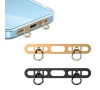 BelleVive 2 Pieces Metal Phone Holding Tabs for iPhone, Mobile Lanyard Patch with 2 Rings, Made of Stainless Steel, Thin and Robust, Prevents Dropping Losing (Champagne Gold + Black)