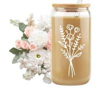 BelleVive Cute Glass Cups with Lid and Straw, Aesthetic Iced Coffee Cup, Floral Mug, Personalised Cup with Straw, Birthday Gifts for Women, Friends