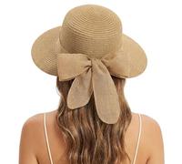 BelleVive Ladies Sun Hats, Straw Beach Hat with UV Protection, Wide Brim Beach Hat with Bow, Foldable Sun Hat with Bow, Summer Hat with UPF 50+ UV Protection