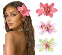 BelleVive Pack of 3 Hawaiian Flower Hair Clips for Women: Orchid Blossom & Hibiscus Flowers for Wedding, Bridal Bouquets & More