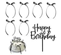 BelleVive Set of 6 Cake Toppers with Bow and 1 Happy Birthday Sign, Coquette-Themed Party, Black Vintage Cake Topper for Heart Cakes, Vintage Cake Decoration