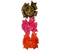 Belleza Crafting with Creativity Handmade Satin Flower Bow Hair Clips for Girls | Pearl Centered Stylish Hair Accessories | Bright Pink, Bright Orange, Mustard Yellow/ Golden Combo | Party, Hair Clips