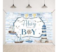 Bellicremas Ahoy It’s a Boy Backdrop Nautical Navy Blue Baby Shower Background Clouds Beach Ocean Ship Marine Sea Sailing Sailor Newborn Decorations Sailboat Lighthouse Banner with Copper Grommets