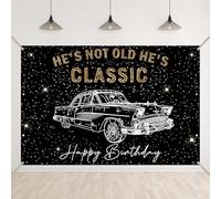 Bellicremas He’s Not Old He’s Classic Backdrop for Birthday Man Black and Gold Vintage Car Background 1950S Men Birthday Party Retro Nostalgia 40th 50th 60th 70th 80th Banner with Copper Grommets