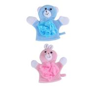 BELLIFFY 2pcs Cartoon Children Bath Skin Scrubbers Set for Babies, Soft Exfoliating Foaming Washcloths Bath Flower, Pink Rabbit Blue Bear for Gentle Bathing Care