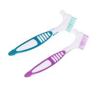 BELLIFFY 2pcs Denture Cleaning Brush with Non-Slip Large Handle, Dual-Head False Tooth Brush for Home and Travel, Portable Denture Care Supply in Green and Purple