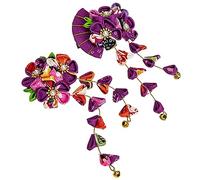 BELLIFFY 2pcs Tassel Hair Accessories Hair Clips for Women Tassel Hairpin Kimono Hair Accessories Shaped Flower Headpiece Elegant Small Pink Floral Thick Hair Pins Fan Fabric Purple