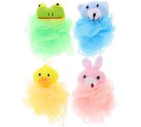 BELLIFFY 4Pcs Cartoon Animal Mesh Bath Ball Set - Soft Yellow Duck, Green Frog, Pink Rabbit, Blue Bear Shower Scrubbers with Hanging Rope - Exfoliating Bath Accessories for Women and