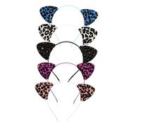 BELLIFFY 5pcs Glitter Leopard Print Cat Ear Headband Accessories for Party Cosplay Comfortable Hairbands in Purple Blue Black Silver Pink