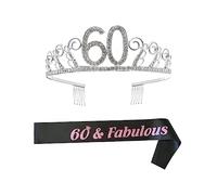 BELLIFFY 60th Birthday Celebration Rhinestone Crown Hair Comb Crystal Decorative Sash Party Sash Birthday Queen Accessory