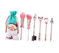 BELLIFFY 6pcs Mini Cute Christmas Makeup Brush Set with Reindeer Handles, Portable Makeup Brushes for Foundation, Eyebrow, Eyeshadow with Velvet Pouch, Suitable for Travel and Daily Use