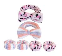 BELLIFFY Face Wash Headbands and Wristbands Set 6pcs, Flannel Tie-dye Leopard Print Pink Blue Red Striped, Absorbent Skincare Headband for Women’s Spa, Makeup, and Face Washing