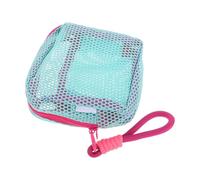 BELLIFFY Mesh Travel Cosmetic Bag with Zipper, Blue-Green Grid Mesh Organizer Pouch for Makeup, Headphone, and Data Cables Storage, Portable Toiletry Bag with Pink Hanging Strap for Daily