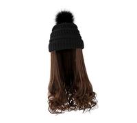 BELLIFFY Women’S Winter Beanie Wig Set with Removable Long Wavy Hair Extension, Black Knit Warm Hat and Light Brown Hairpiece for Cold Weather